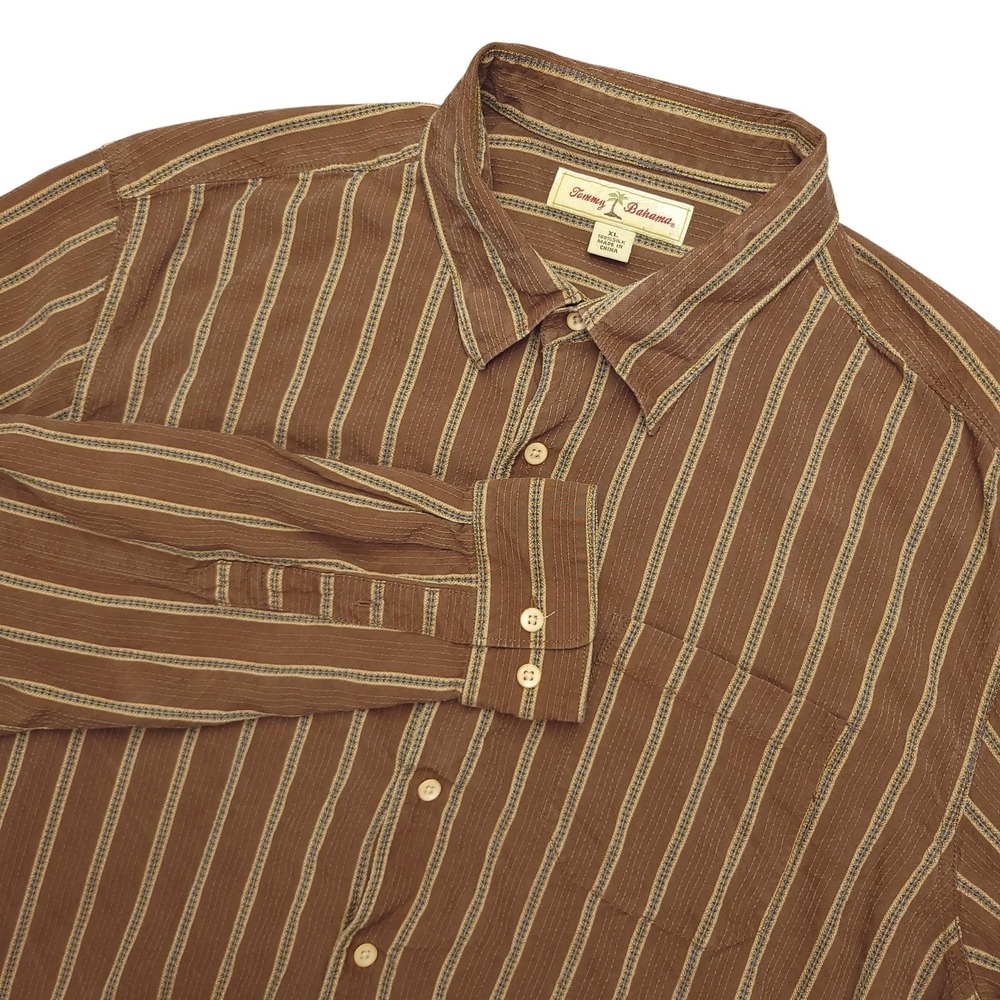 Tommy Bahama Shirt Mens XL Brown Stripe Long Sleeve Button Up Silk Casual